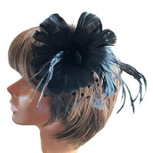 Black Feather with Dotted Tulle Flower Hair Clip Fascinator Headpiece or Pin